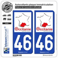 2 Autocollants plaque immatriculation Auto 46 Occitanie - Sud de France