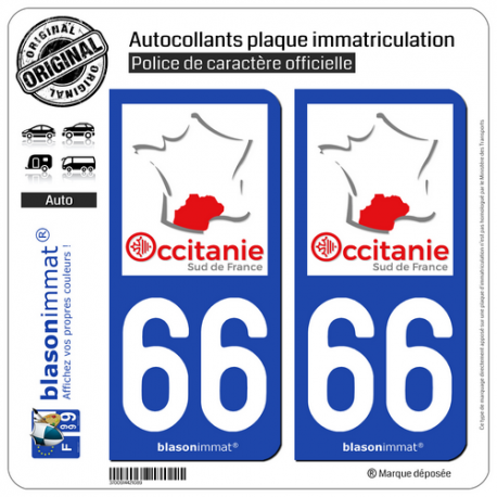 2 Autocollants plaque immatriculation Auto 66 Occitanie - Sud de France