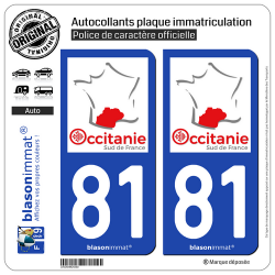 2 Autocollants plaque immatriculation Auto 81 Occitanie - Sud de France