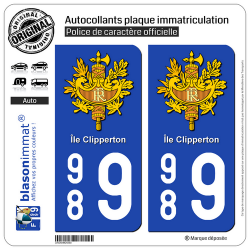 2 Autocollants plaque immatriculation Auto 989 Ile Clipperton - Armoiries