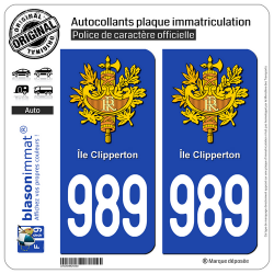 2 Autocollants plaque immatriculation Auto 989-H Ile de Clipperton - Armoiries