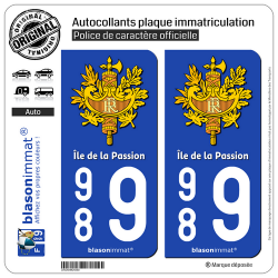 2 Autocollants plaque immatriculation Auto 989 Île de la Passion - Armoiries