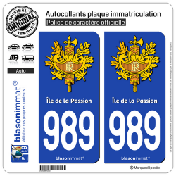 2 Autocollants plaque immatriculation Auto 989-H Île de la Passion - Armoiries