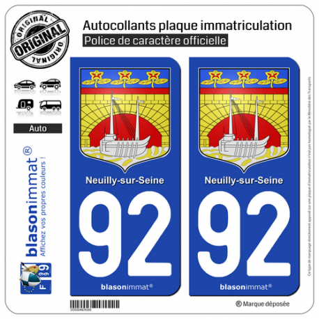 2 Autocollants plaque immatriculation Auto 92 Neuilly-sur-Seine - Armoiries