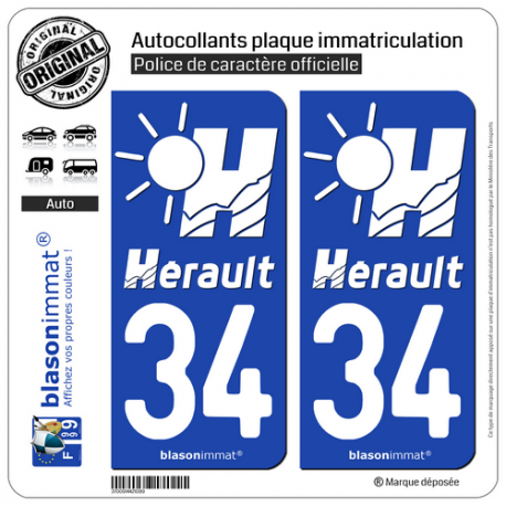2 Autocollants plaque immatriculation Auto 34 Hérault - Tourisme