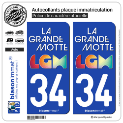 2 Autocollants plaque immatriculation Auto 34 La Grande Motte - Ville