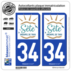 2 Autocollants plaque immatriculation Auto 34 Sète - Archipel de Thau