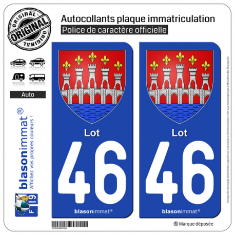 2 Autocollants plaque immatriculation Auto 46 Lot - Armoiries