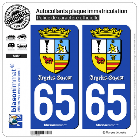 2 Autocollants plaque immatriculation Auto 65 Argelès-Gazost - Blason