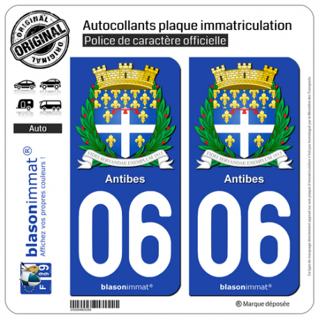 2 Autocollants plaque immatriculation Auto 06 Antibes - Armoiries