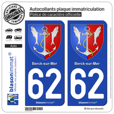 2 Autocollants plaque immatriculation Auto 62 Berck-sur-Mer - Armoiries