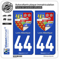 2 Autocollants plaque immatriculation Auto 44 Loire-Atlantique - Armoiries
