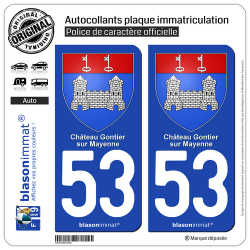 2 Autocollants plaque immatriculation Auto 53 Château-Gontier-sur-Mayenne - Armoiries