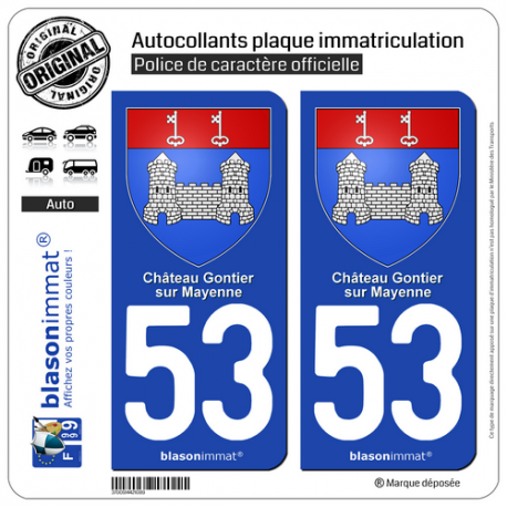 2 Autocollants plaque immatriculation Auto 53 Château-Gontier-sur-Mayenne - Armoiries