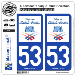 2 Autocollants plaque immatriculation Auto 53 Château-Gontier-sur-Mayenne - Pays