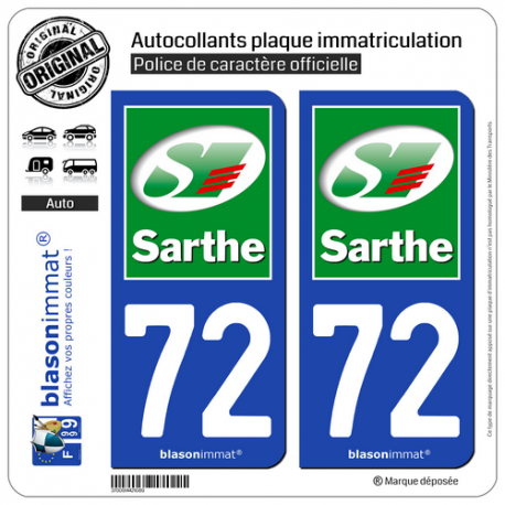 2 Autocollants plaque immatriculation Auto 72 Sarthe - Département