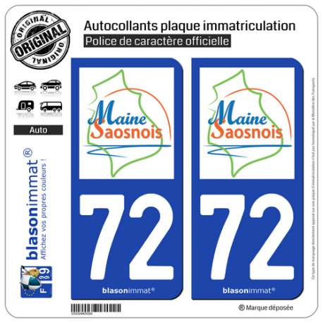 2 Autocollants plaque immatriculation Auto 72 Maine Saosnois - Pays