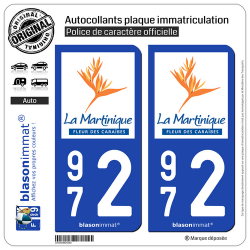 2 Autocollants plaque immatriculation Auto 972 Martinique - Tourisme