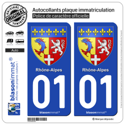 2 Autocollants plaque immatriculation auto 01 Rhône-Alpes - Armoiries