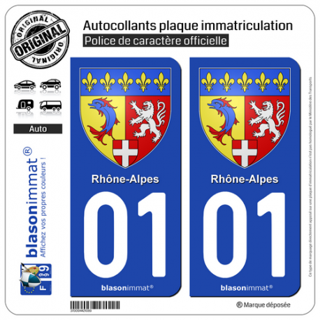 2 Autocollants plaque immatriculation auto 01 Rhône-Alpes - Armoiries