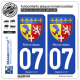 2 Autocollants plaque immatriculation Auto 07 Rhône-Alpes - Armoiries