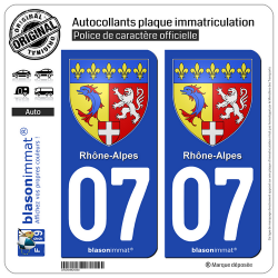 2 Autocollants plaque immatriculation Auto 07 Rhône-Alpes - Armoiries