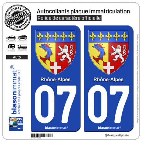2 Autocollants plaque immatriculation Auto 07 Rhône-Alpes - Armoiries