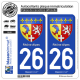 2 Autocollants plaque immatriculation Auto 26 Rhône-Alpes - Armoiries