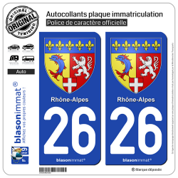 2 Autocollants plaque immatriculation Auto 26 Rhône-Alpes - Armoiries