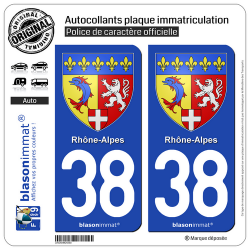 2 Autocollants plaque immatriculation Auto 38 Rhône-Alpes - Armoiries