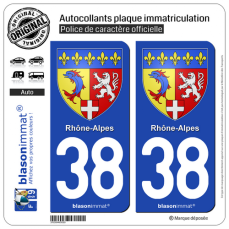 2 Autocollants plaque immatriculation Auto 38 Rhône-Alpes - Armoiries