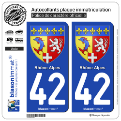 2 Autocollants plaque immatriculation Auto 42 Rhône-Alpes - Armoiries
