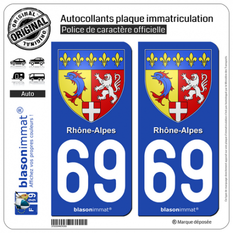 2 Autocollants plaque immatriculation Auto 69 Rhône-Alpes - Armoiries