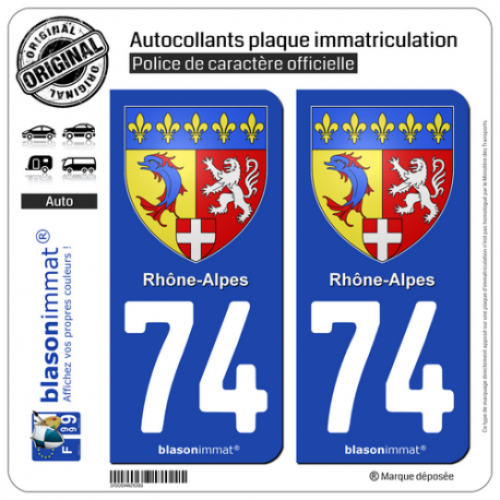 2 Autocollants plaque immatriculation Auto 74 Rhône-Alpes - Armoiries