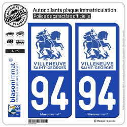 2 Autocollants plaque immatriculation Auto 94 Villeneuve-Saint-Georges - Ville