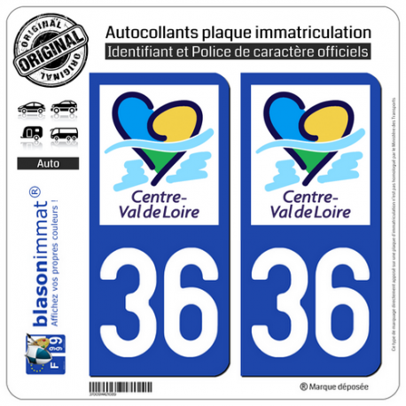 2 Autocollants plaque immatriculation Auto 36 Centre-Val de Loire - LogoType II