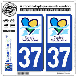 2 Autocollants plaque immatriculation Auto 37 Centre-Val de Loire - LogoType II