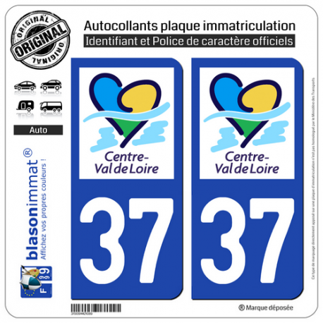 2 Autocollants plaque immatriculation Auto 37 Centre-Val de Loire - LogoType II