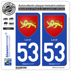 2 Autocollants plaque immatriculation Auto 53 Laval - Armoiries