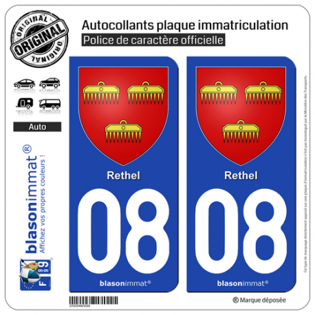 2 Autocollants plaque immatriculation Auto 08 Rethel - Armoiries