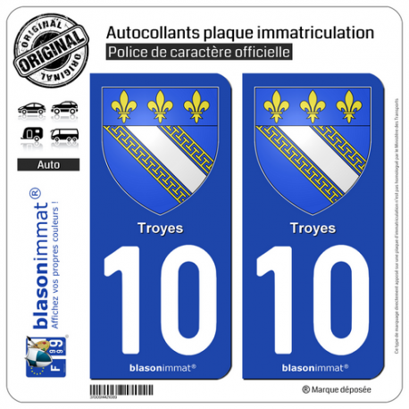 2 Autocollants plaque immatriculation Auto 10 Troyes - Armoiries