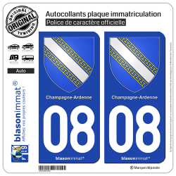 2 Autocollants plaque immatriculation Auto 08 Champagne-Ardenne - Armoiries