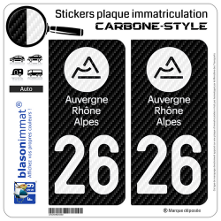 2 Stickers plaque immatriculation Auto 26 Auvergne-Rhône-Alpes - LT Carbone-Style