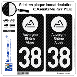 2 Stickers plaque immatriculation Auto 38 Auvergne-Rhône-Alpes - LT Carbone-Style