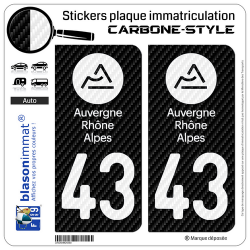 2 Autocollants plaque immatriculation Auto 43 Auvergne-Rhône-Alpes - LT Carbone-Style
