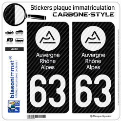 2 Autocollants plaque immatriculation Auto 63 Auvergne-Rhône-Alpes - LT Carbone-Style