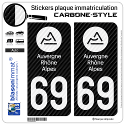 2 Autocollants plaque immatriculation Auto 69 Auvergne-Rhône-Alpes - LT Carbone-Style