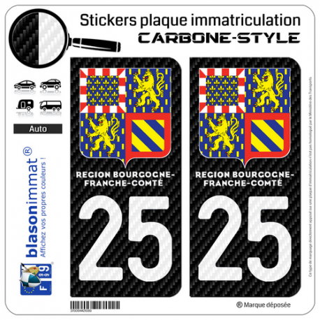 2 Autocollants plaque immatriculation Auto 25 Bourgogne-Franche-Comté - LT II Carbone-Style