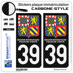 2 Stickers plaque immatriculation Auto 39 Bourgogne-Franche-Comté - LT II Carbone-Style