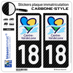2 Autocollants plaque immatriculation Auto 18 Centre-Val de Loire - LT Carbone-Style